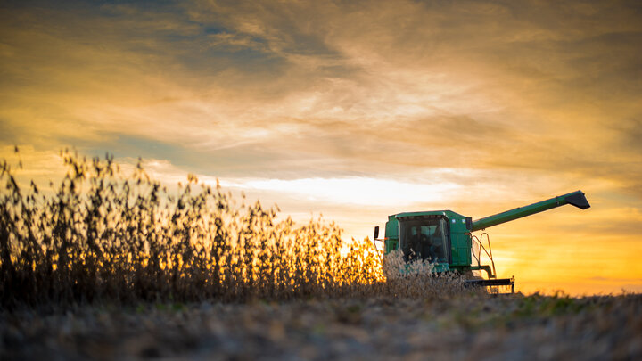 Combine harvester in a field at sunset with golden skies.
